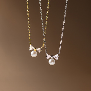 GSN04 alla moda S925 argento Sterling cubico Zirconia <span class=keywords><strong>fiocco</strong></span> <span class=keywords><strong>con</strong></span> conchiglia <span class=keywords><strong>collana</strong></span> pendente <span class=keywords><strong>di</strong></span> <span class=keywords><strong>perle</strong></span> per donna - Product Image 2