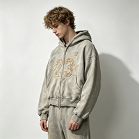 Hoodie Zipper Sun Faded Nomor 23 Star Detail Distressed Heavyweight Short Fit Vintage Wash Streetwear untuk Pria Pembelian Grosir