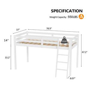 Escaliers de <span class=keywords><strong>lit</strong></span> <span class=keywords><strong>Junior</strong></span> Low Loft pour enfants et adolescents Taille double en bois <span class=keywords><strong>blanc</strong></span> avec support à lattes en bois Aucun sommier requis - Product Image 2