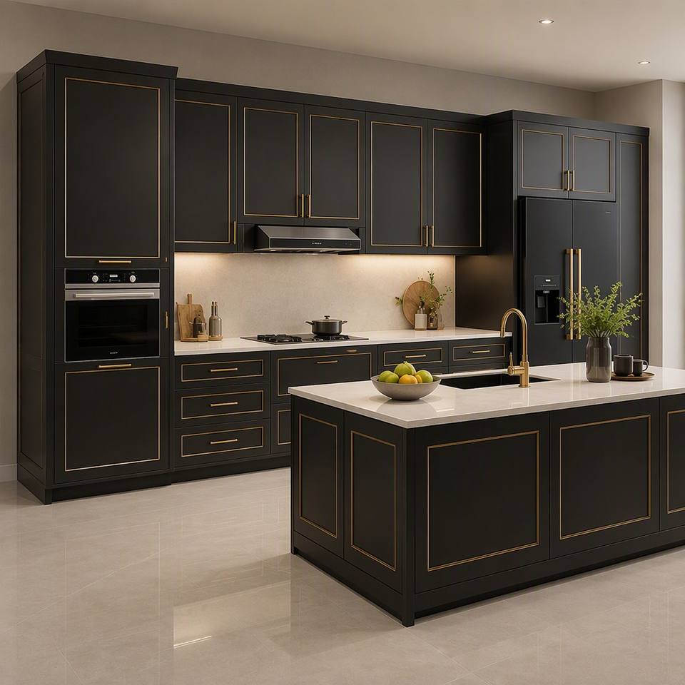 Luxury Black and Gold Kitchen Cabinets with Matte Black Doors and White ...