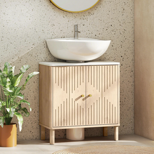Meuble-lavabo SENYUWood avec design cannelé et portes de rangement, style scandinave, en bois de hêtre, à poser au sol - Product Image 2