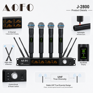 AOFO J-2800 4-Channel UHF Wireless Microphone True Diversity 640-690MHz Bluetooth USB 50Hz-18KHz AA Battery Powered for Stage - Product Image 5