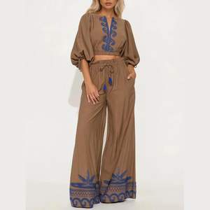 Conjunto de 2 Piezas Personalizado para Mujer 2026, Top con Mangas Farol y Pantalones, Atuendo de Verano, Bordado, Algodón, Fibra de Bambú, Transpirable, Ropa de Vacaciones - Product Image 2