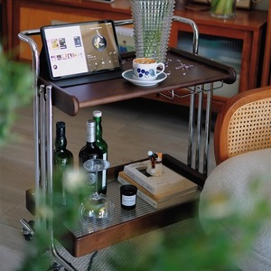 Vintage Solid Wood Coffee <b>Table</b> Movable <b>Sofa</b> <b>Side</b> <b>Table</b> Walnut Color Retro Nightstand Living Room Trolley Bedside Shelf - Product Image 3