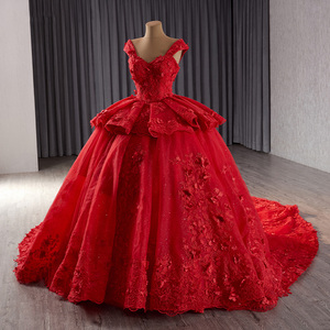<b>Red</b> Sparkly Lace Applique Embroidery Tiered Wedding Gowns Off the Shoulder Quince Dress Rsm231075 - Product Image 1