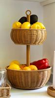 Panier à fruits rond moderne à 2 niveaux en rotin synthétique PROMO – Écologique, multifonctionnel, design tressé pour fêtes en extérieur, shopping et rangement