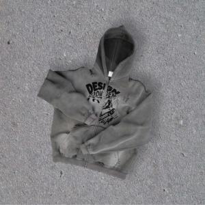 Custom Streetwear Washed Hoodies Mens Print Logo 450gsm Fleece Vintage Distressed Zip up Hoodie - Product Image 2