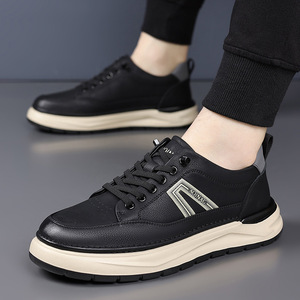 Chaussures décontractées en cuir souple pour hommes, couleur kaki, talon bas, lacets avant, antidérapantes, confortables, chaussures de skate - Product Image 2