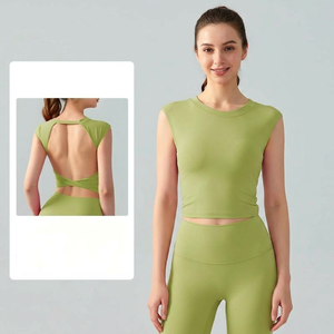Wholesale Women's Twist Back Cut Out Yoga Crop Top Built-in <b>Bra</b> Backless Sleeveless Workout Shirt Slim Fit Pilates Fitness Tee - Product Image 2