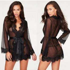 Venta Directa de Fábrica, Bata de Encaje de Chifón de Buena Calidad, Ropa de Dormir para Mujer, Talla Única, Transparente, Sexy, Cuello en V, Largo hasta la Rodilla, Primavera, Verano, Otoño - Product Image 1