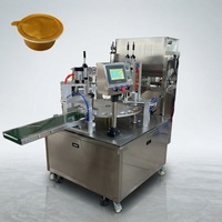 Mesin Pengisi dan Penyegel Gelas Otomatis Rotary Dua Keluaran 220V, Pengisi Saus Pasta, Selai, Gel, Pemanas, Pengaduk, Hopper, Pengemas Gelas Plastik