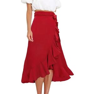 Faldas Para Mujer con cinturón y ribete de volantes Para Mujer, falda <span class=keywords><strong>Midi</strong></span> ajustada de Color rojo elegante para Mujer de verano - Product Image 6