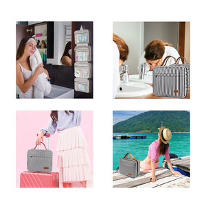 กระเป๋าใส่เครื่องสำอาง Tuwai ลายทางทรงสี่เหลี่ยมผืนผ้า แบบมีตะขอเกี่ยว ความจุขนาดใหญ่ สำหรับจัดเก็บเครื่องสำอางสำหรับเดินทาง พร้อมช่องแยกของแห้งและเปียก สำหรับใช้ในชีวิตประจำวัน - Product Image 1