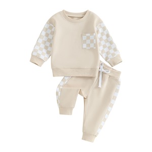 ボーイズチェック柄スプライススウェットシャツスウェットパンツ2点セットキッズファッション衣装秋と冬用 - Product Image 1