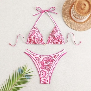 Blue and <b>white</b> porcelain floral print sports bikini backless swimsuit <b>set</b> - Product Image 3