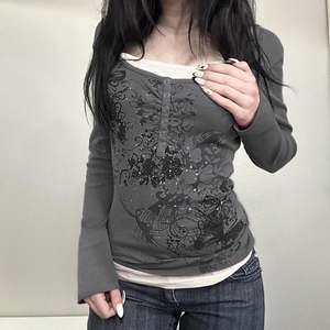 Conjunto de Dos Piezas de Punto con Estampado Floral Y2K, Ajustado, de Manga Larga, Ecológico, Transpirable, Sexy, Moderno para Mujer - Product Image 2