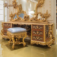 Coiffeuse italienne de luxe classique en bois, élégante, avec décoration en feuille d'or et placage de bois incrusté, avec miroir