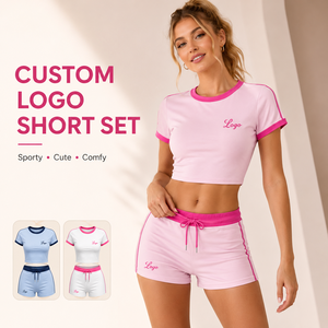 Custom Logo Short <b>Set</b> Women Contrast Trim Crop T Shirt Drawstring Shorts Two Piece Casual Summer Outfit OEM ODM Supplier - Product Image 1