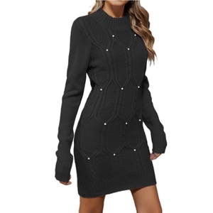 Robe longue élégante en maille unie perlée à manches longues moulante pour femme – Tendance - Product Image 3