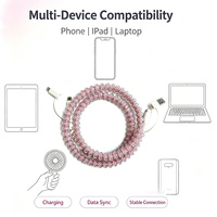 Câble de données USB Type C 4 en 1 imprimé à carreaux roses avec perles pour téléphone portable, écouteurs, ordinateur portable