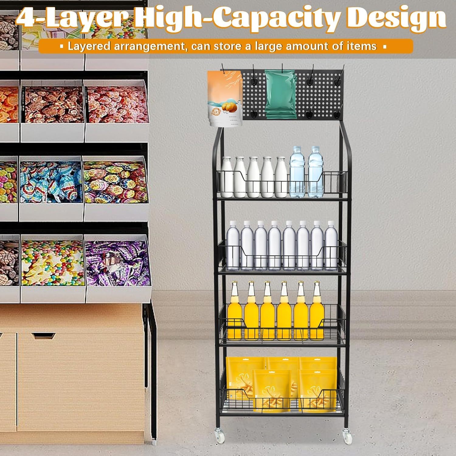 4-tier for Metal Wire Storage Shelf Display Rack with Wheels and Black Floor Stand for Home Room — view 6