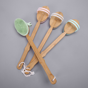 Silicone Bath Brush Oval Long Handle Bamboo Massage Scrubber For Back Cleaning - Product Image 1