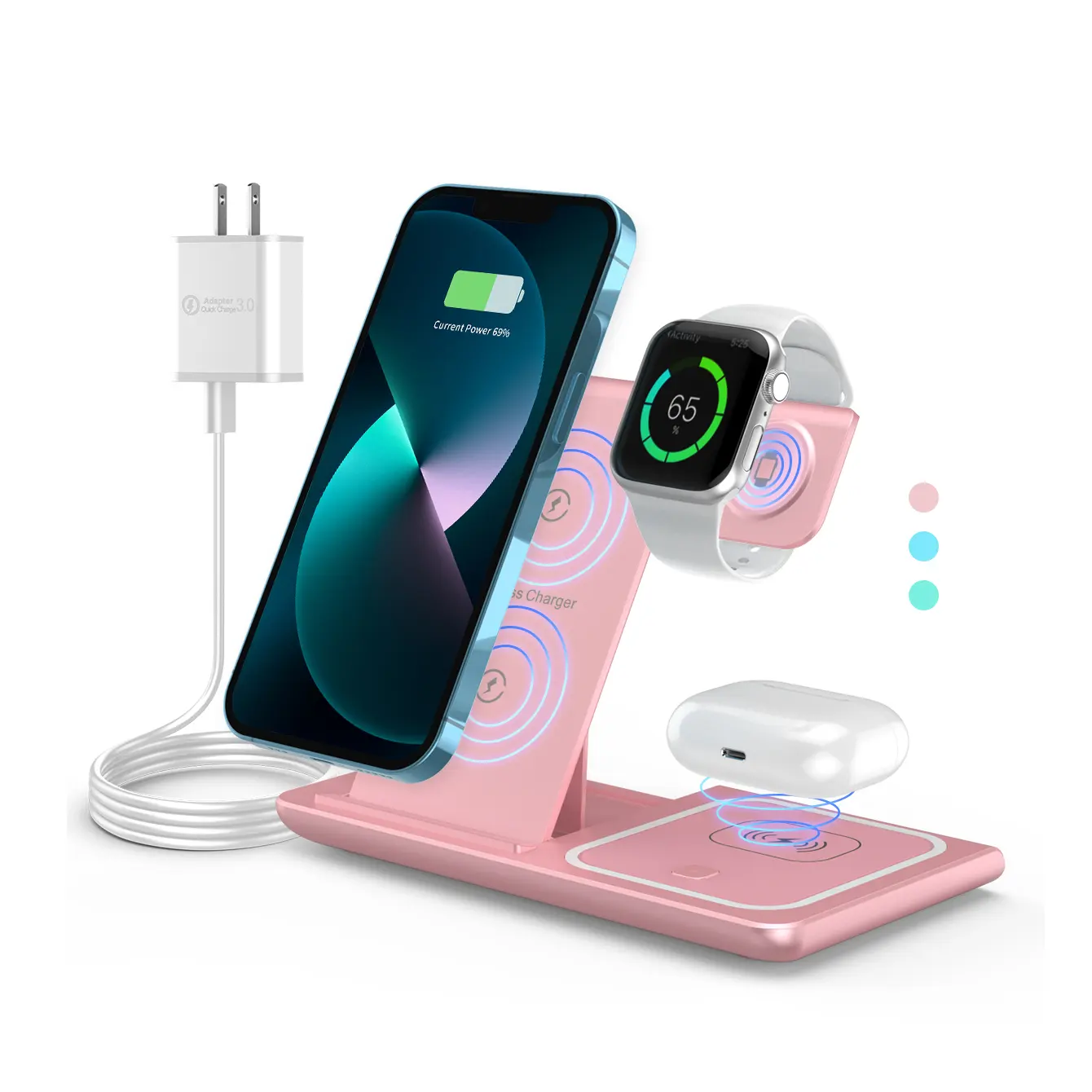 Supporto per telefono portatile universale 15W Qi Fast 3 In 1 caricabatterie Wireless pieghevole per Iphone e Android Watch Airpods