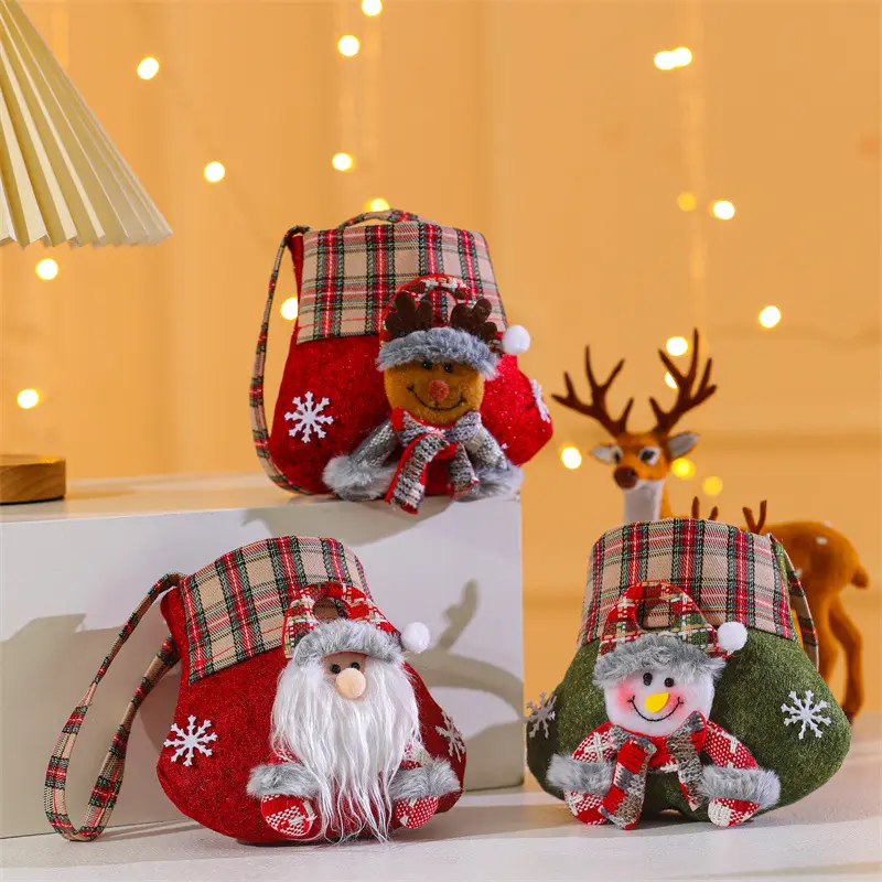 Tas hadiah tali serut Linen dekorasi Natal Tahun Baru untuk rumah tas Apple kartun liburan tas Natal permen besar