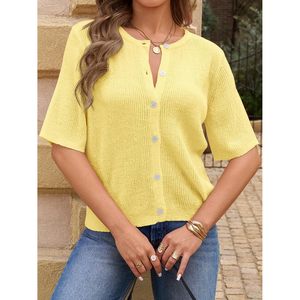 Cardigan court à manches courtes pour femme, en tricot boutonné, léger, haut d'été décontracté, chemisier respirant, pull tendance - Product Image 2
