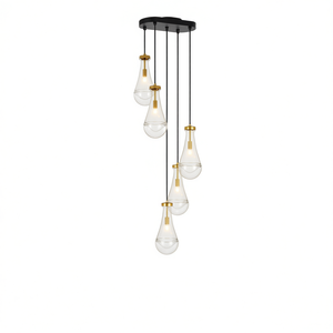Lámpara colgante ajustable de hierro dorado con 5 luces, bombilla E12, pantalla de cristal en forma de campana para sala de estar, vestíbulo, escalera - Product Image 1
