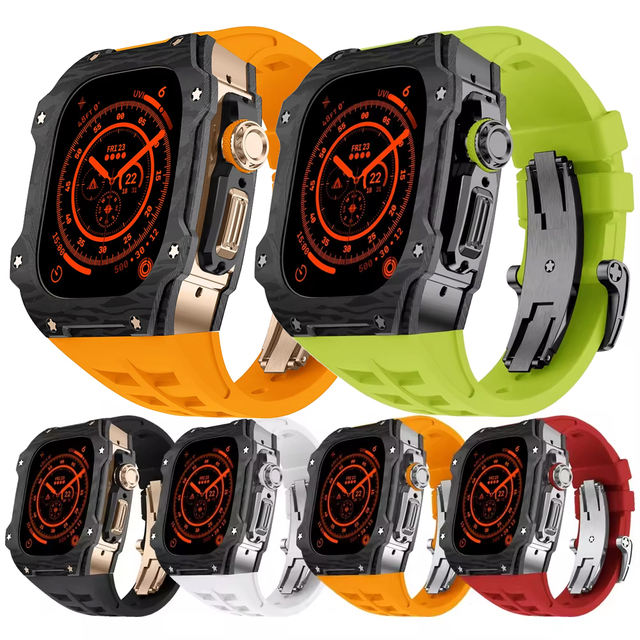 Luxury Modification Carbon Fiber Titanium Case Flourorubber Watch Band for Apple Watch Ultra 2 49MM Modification Case Kit Strap