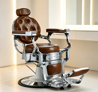 Fauteuil de barbier hydraulique réglable en cuir marron rétro avec cadre chromé poli pour usage commercial en salon