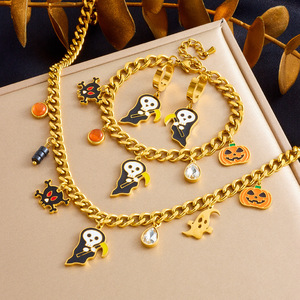 Halloween Stainless Steel Jewelry <b>Set</b> Cartoon Ghost Reaper Pumpkin Necklace <b>Bracelet</b> Earrings Party Unisex Fashion Accessory - Product Image 1