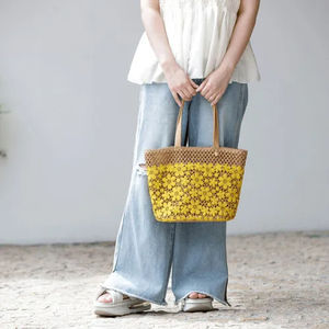 Bolso tote de poliéster retro de gran capacidad con doble asa y botones para mujer, venta al por mayor, moda de verano - Product Image 5