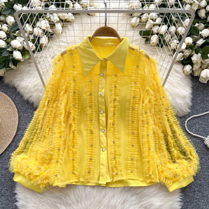 Blusa de manga farol plisada con incrustaciones de diamantes de alta resistencia para mujer, de un solo botón, a la moda - Product Image 1