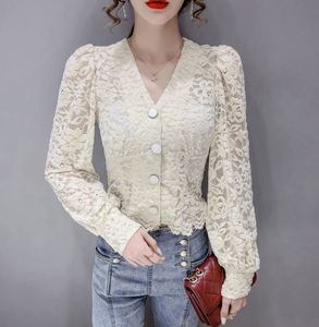 เสื้อลูกไม้<span class=keywords><strong>2022</strong></span>ผู้หญิงสีทึบแขนยาวพองคอวีแบบฝรั่งเศสมีกระดุมเสื้อตาข่ายโปร่งใสเสื้อลำลอง - Product Image 5