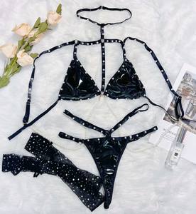 Costume Skinny Striptease en cuir PU verni noir pour femmes, sous-vêtements, lingerie, ensemble deux pièces érotique avec perles sexy pour femmes - Product Image 6