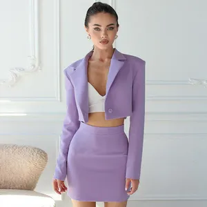 Đô Thị Mặc Phụ Nữ Văn Phòng Dài Tay Áo Crop Blazer Bộ Mỏng Cao Eo Mini Váy 2 Mảnh Thiết Lập Phụ Nữ Mùa Thu 2023