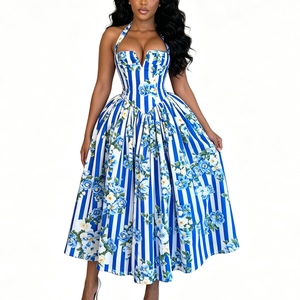 Vestido Midi Halter para Mujer con Estampado Floral a Rayas, Espalda con Cordones, Estilo Corsé, Vestido de Verano para Vacaciones, Moda Sehe - Product Image 2