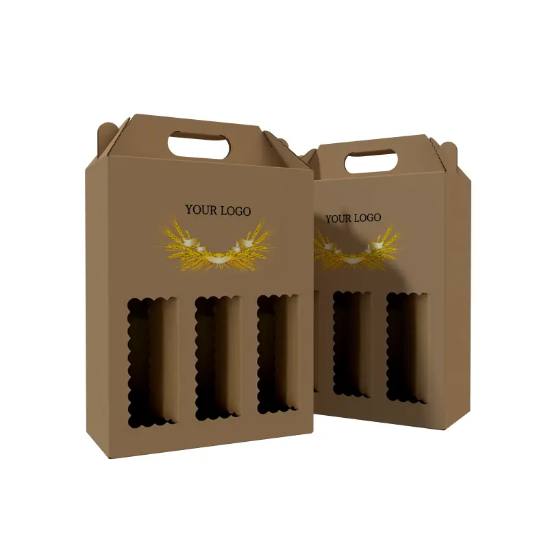 Custom Wine Corrugated Cardboard Box 3/6 Pack Bottle Juice Packaging Box Beverage Coffee Carrier Box With Handle