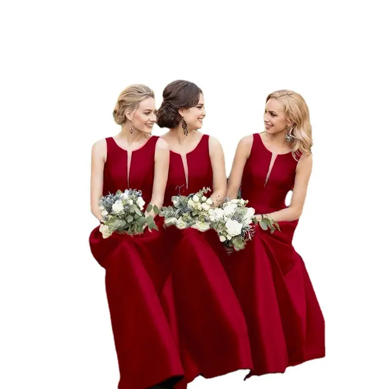 Bridesmaid Dress Elegant Sleeveless Red Stain Gown Maxi Casual Evening Party Wedding Dress