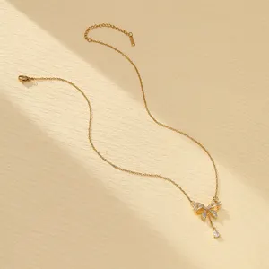 Tassel Schleifenknoten Zirkon Kupfer Anhänger Halskette Schmetterling Edelstahlkette Halskette weiblicher feiner Schmuck für Damen Party Geschenk