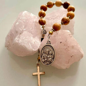 Chapelet de poche miniature en bois fait main, vintage, avec breloque Saint Joseph, pour cadeau catholique - Product Image 1