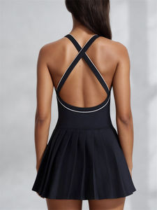 定制女士网球运动连衣裙对比色开背打褶高尔夫连衣裙女士健身房跑步健身连衣裙带衬垫 - Product Image 6