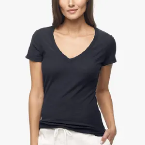 프리미엄 V 넥 반소매 롱 라인 맞춤형 로고 체육관 여성용 티셔츠 직접 공장 제조 숙녀 V 넥 티셔츠