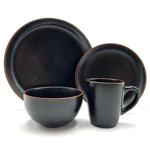 OEM 16pc Black Home Table Decorative Stoneware Plate Bowl Dinner Set Dinnerware