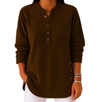 Kaos Kasual Kerah Bulat Kancing Depan Warna Solid Bahan Corduroy Model Longgar Panjang Sedang Musim Gugur Dingin 2026