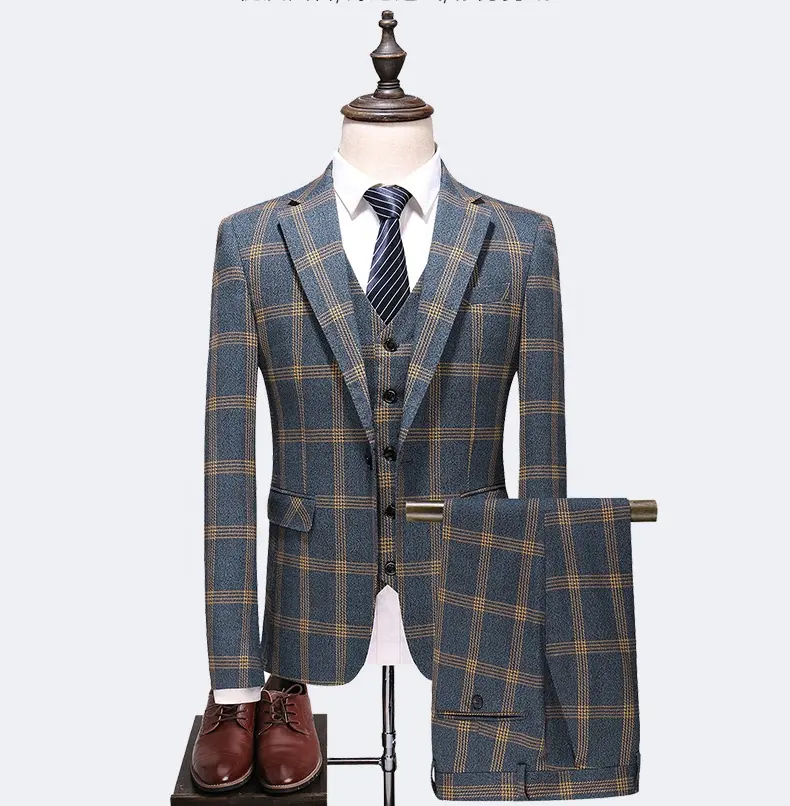 wholesale men suit set Business high quality 3 piece slim suits for men & blazer plaid wedding pant suit