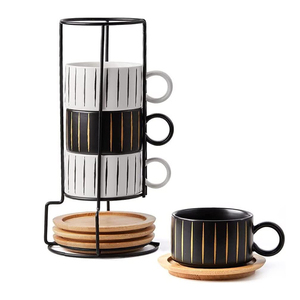 Bán Sỉ Cốc Gốm Xếp Chồng Đá Cẩm Thạch Đen Trắng Kiểu Bắc Âu 6 Oz Cốc <span class=keywords><strong>Espresso</strong></span> Bộ Cốc Cappuccino Kèm Giá Đỡ Bằng Tre - Product Image 1