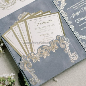 Boîte d'invitation de mariage en velours imprimé vanille, avec logo personnalisé en feuille d'or gaufrée, suite d'invitations de luxe en carton pliant - Product Image 4